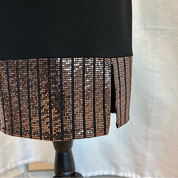 Joseph Ribkoff black V-neck sheath dress metallic Rose Gold sequin accents 6 NWT - Picture 7 of 15